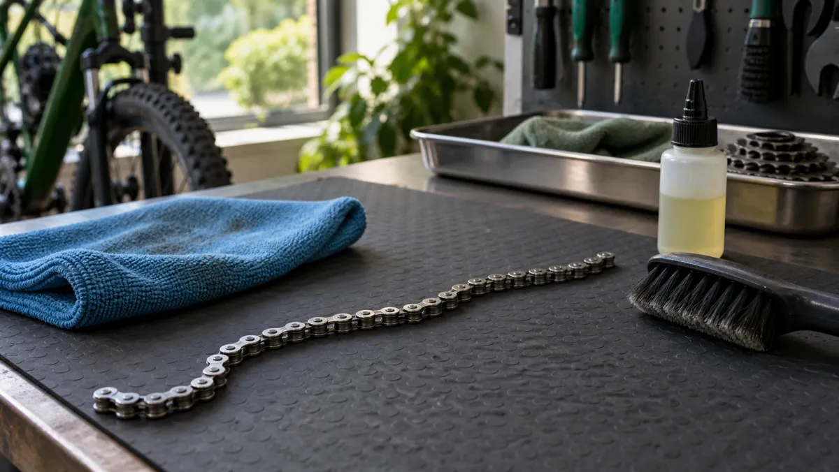 A bicycle chain, blue cloth, lubricant bottle, and brush on a workshop bench