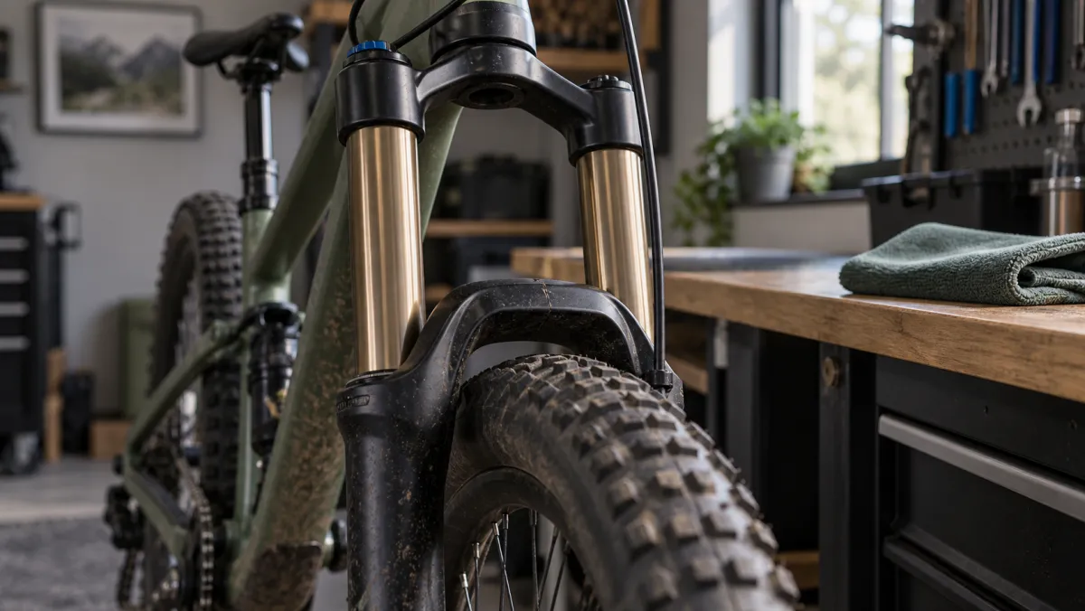 Suspension fork stanchions and dust seals above a mountain bike front tire