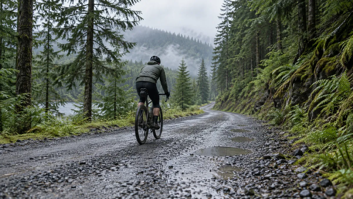A helmeted cyclist riding a damp gravel road through an evergreen forest