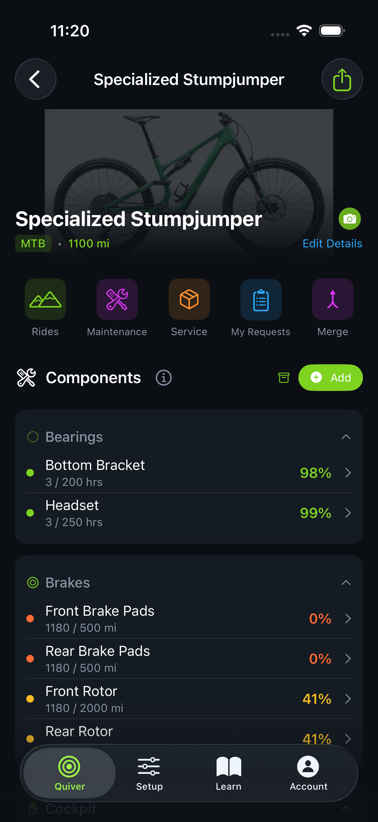 Native iOS bike record showing component use and maintenance status