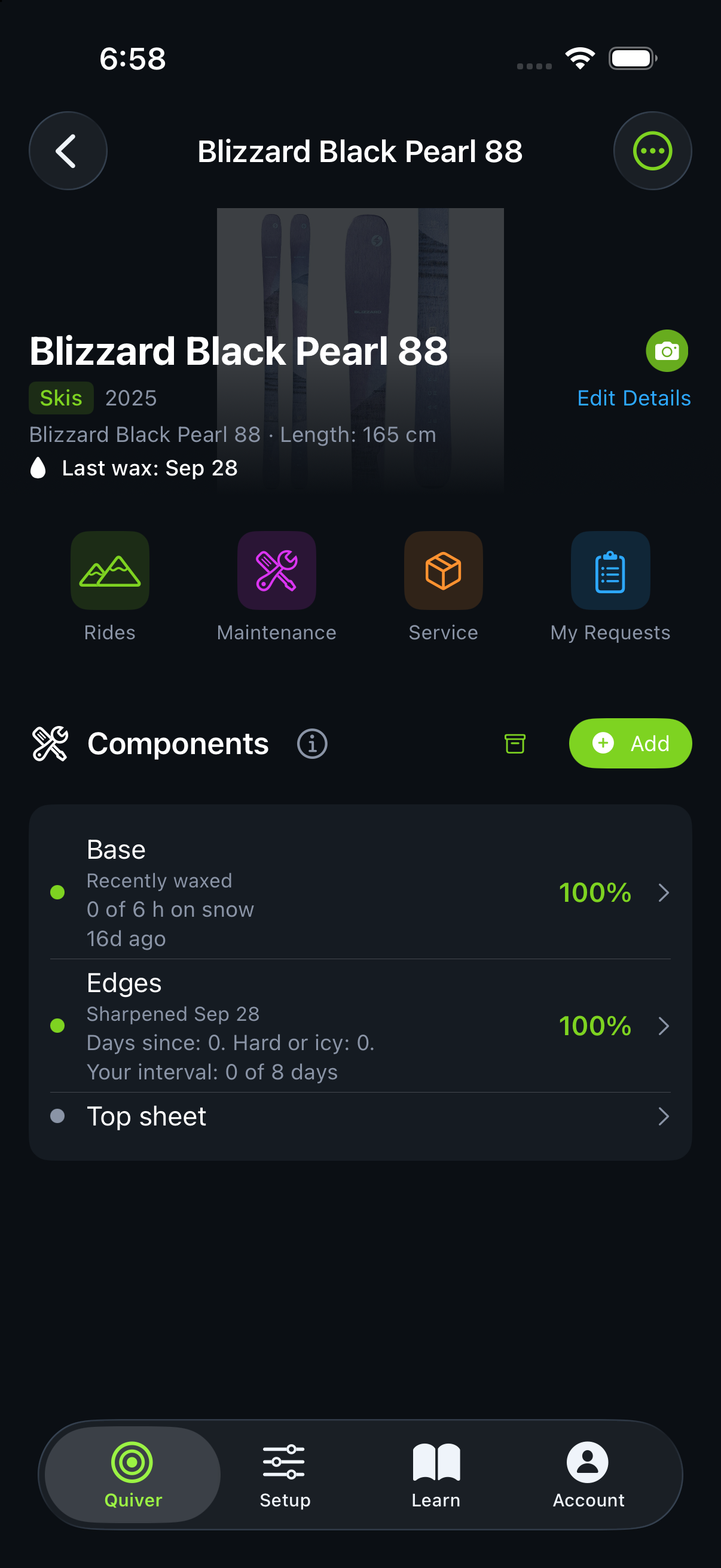 Native iOS ski overview showing last wax and edge-service records