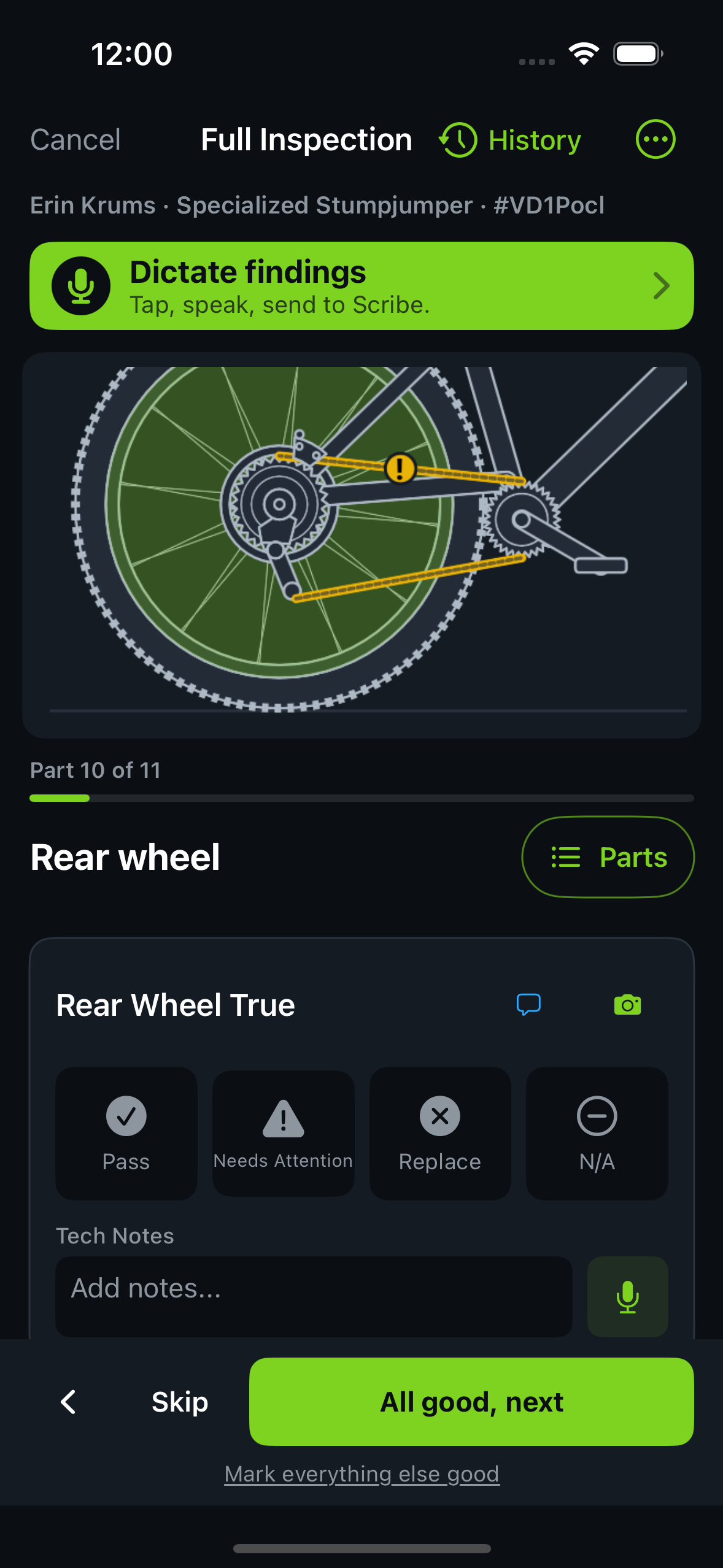 Native iOS Hub bike inspection showing drivetrain and wheel findings