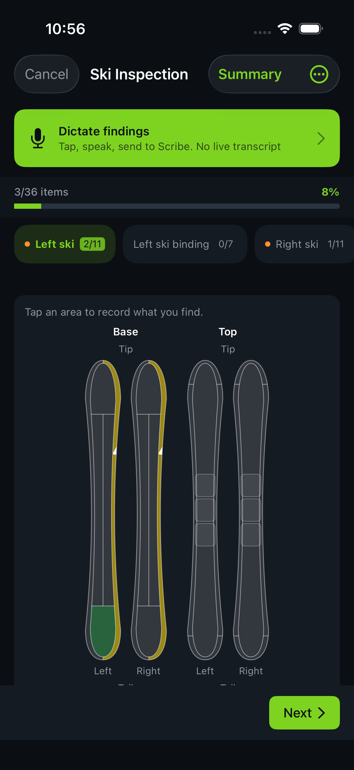 Native iOS Hub ski inspection diagram with recorded findings
