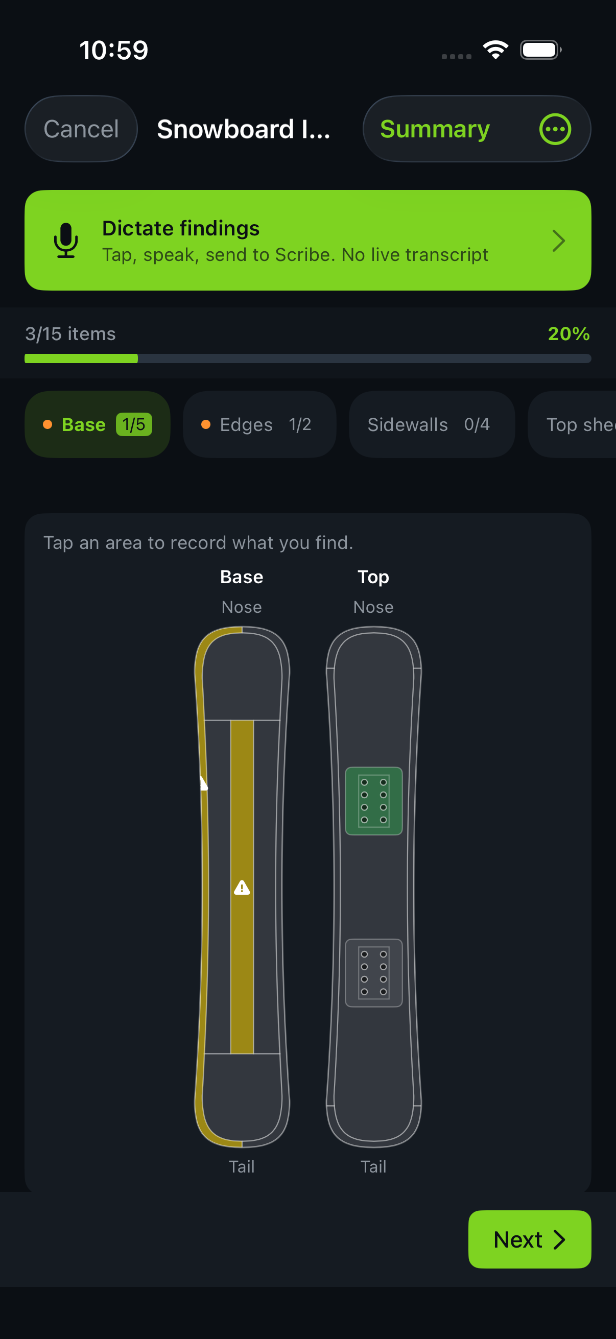 Native iOS Hub snowboard inspection diagram with base and edge findings