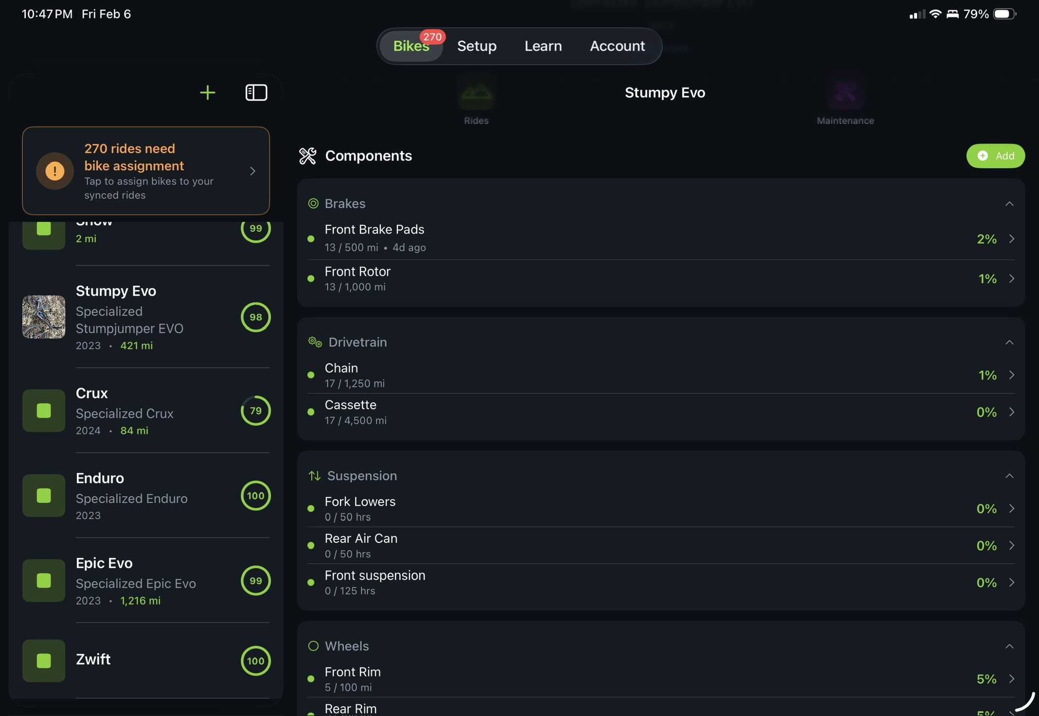 Trail Hits overview showing bike list with health scores and component tracking