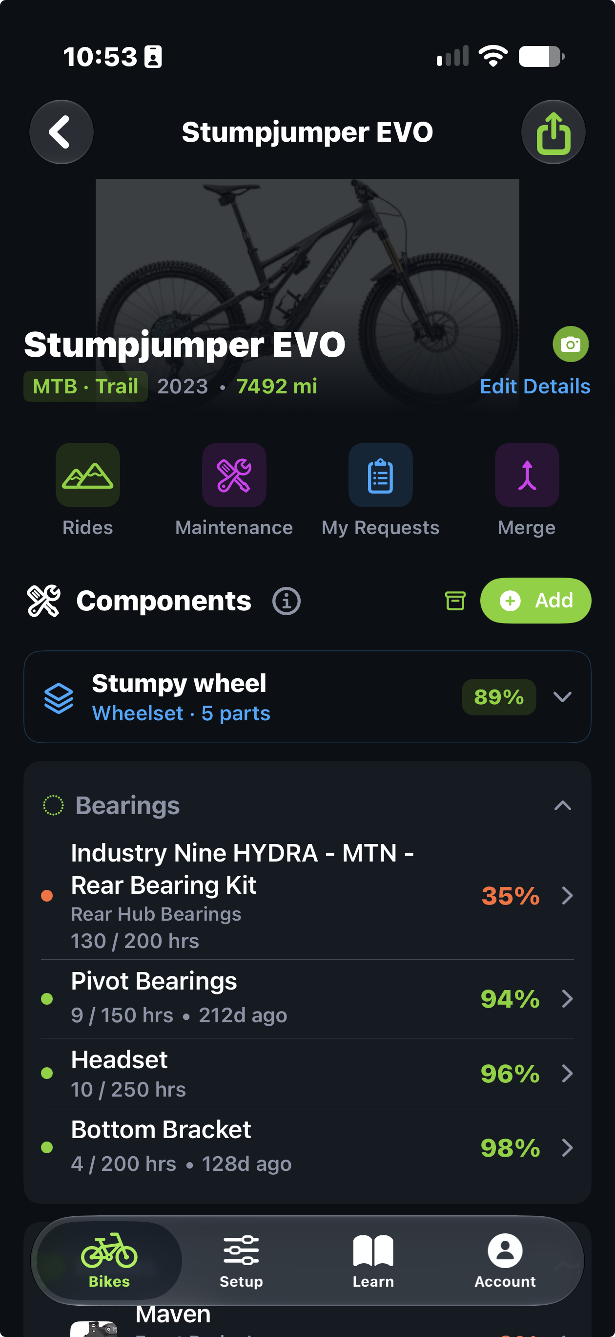 Stumpjumper EVO bike overview in the Trail Hits® iPhone app showing wheelset and bearing health, usage, and maintenance status