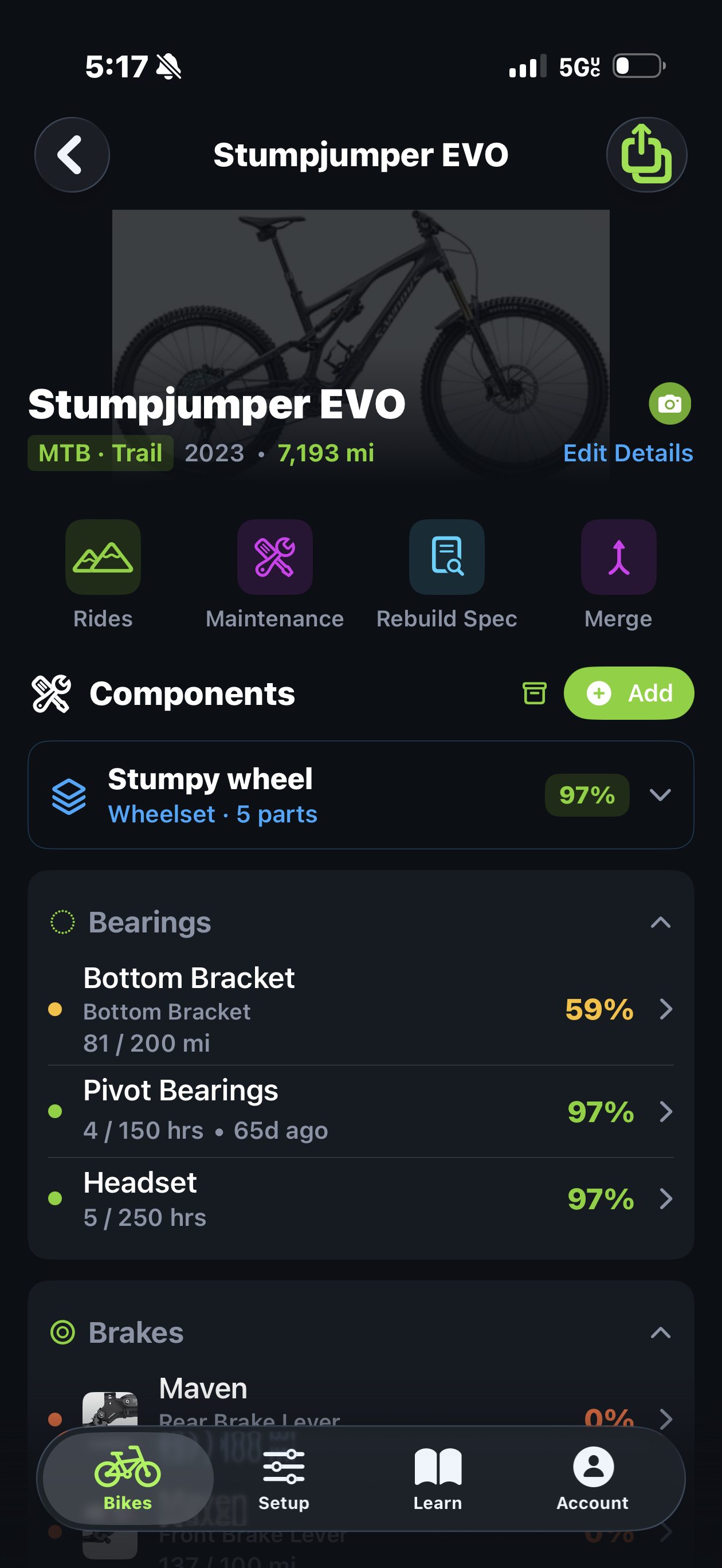 Trail Hits bike detail on iPhone, every component on your bike with usage percentages, service status, and rebuild specs