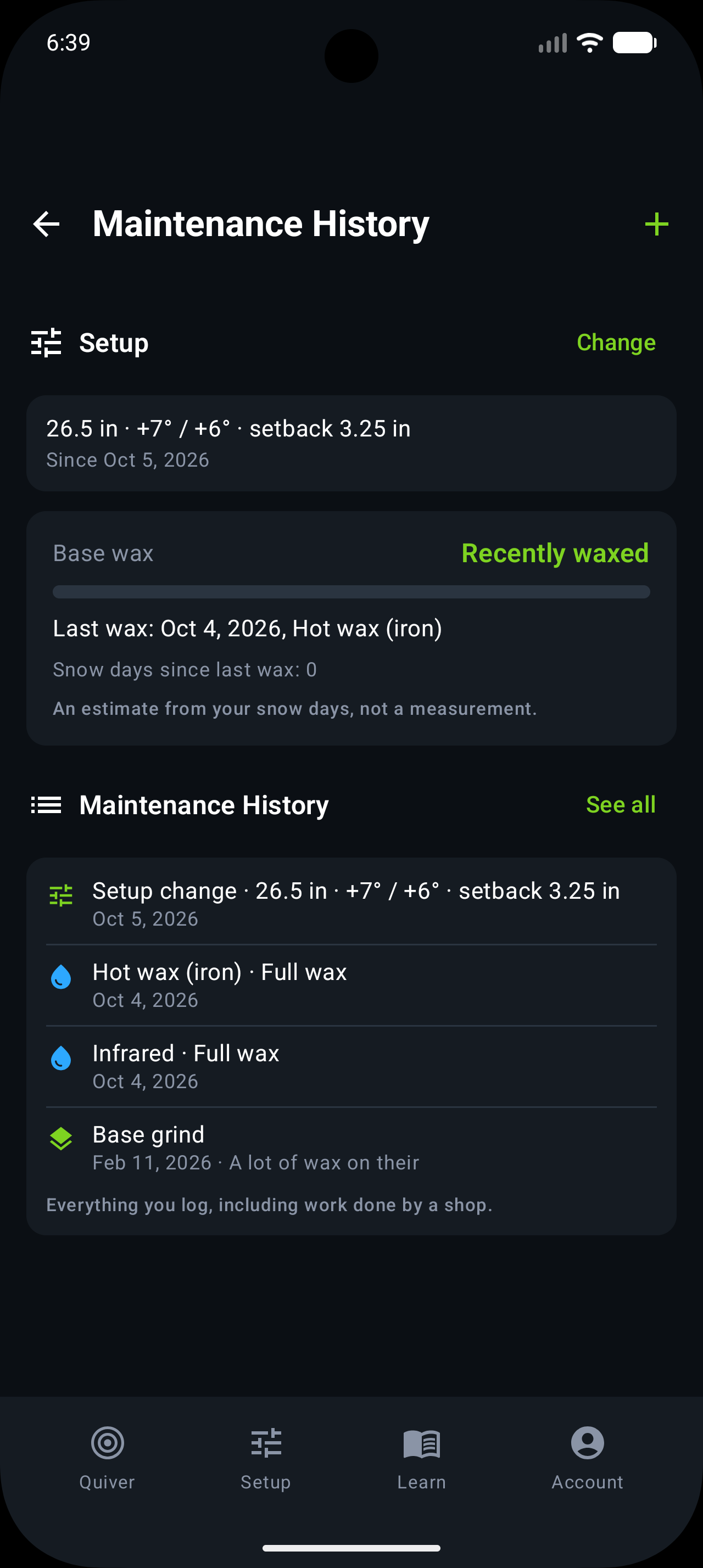 Trail Hits on Android showing snowboard setup, last wax and maintenance history