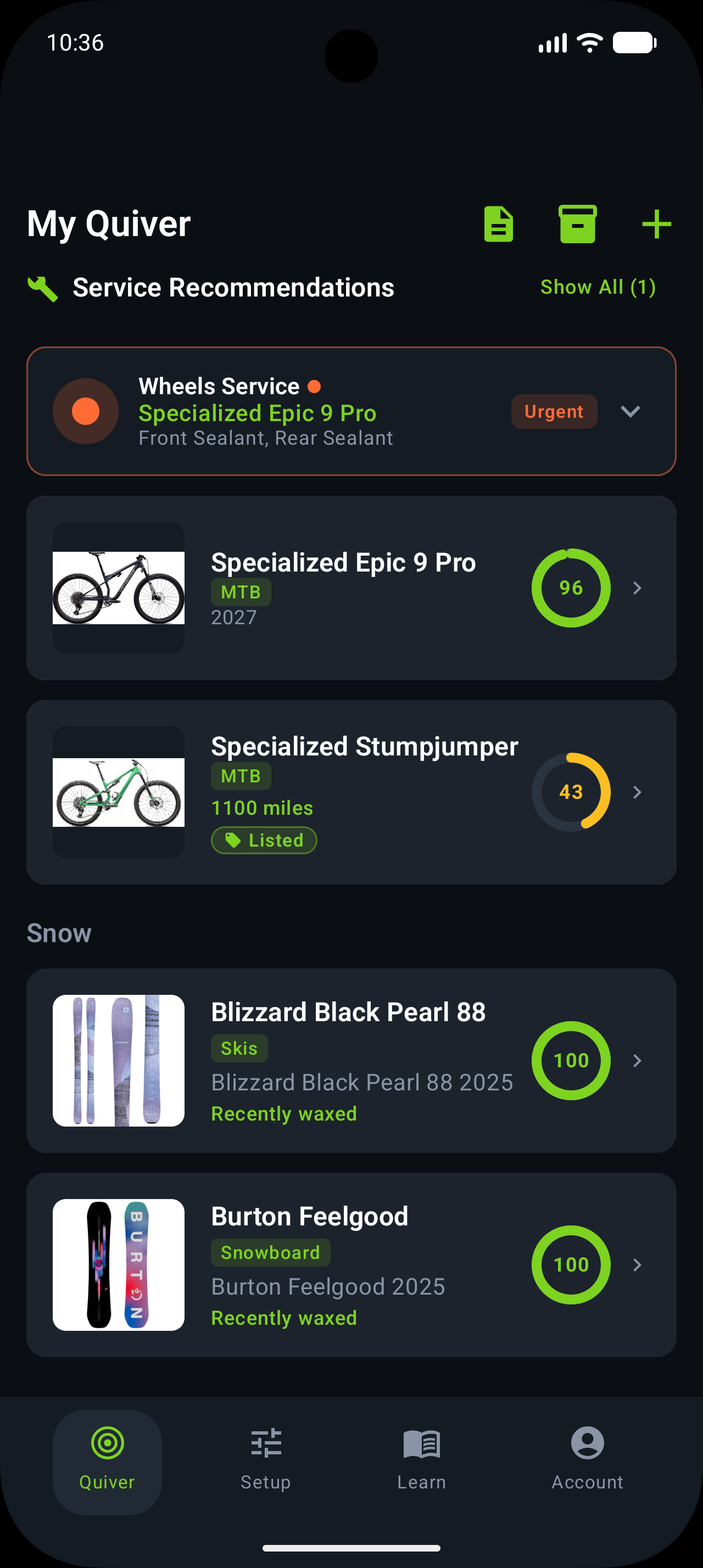 Trail Hits My Quiver on Android showing bikes, Black Pearl skis and a Burton snowboard