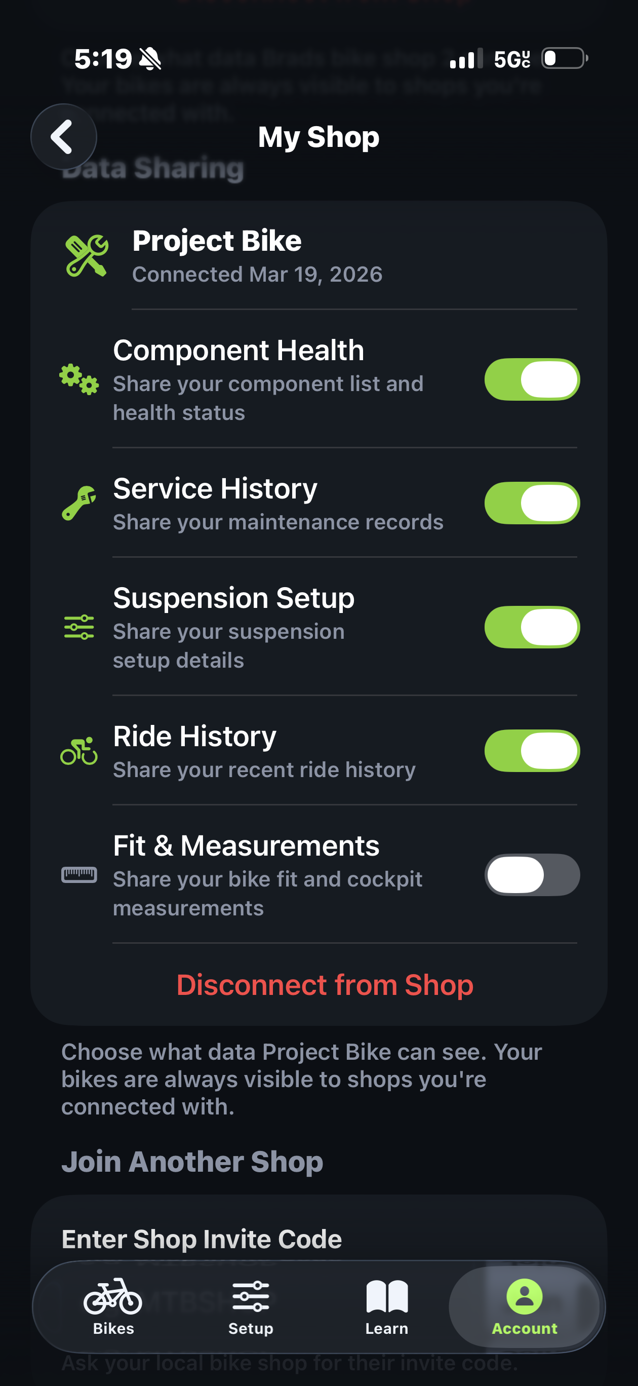 Trail Hits app on iPhone connected to Project Bike, rider controls which data their shop can see (component health, service history, suspension setup, ride history, fit and measurements)