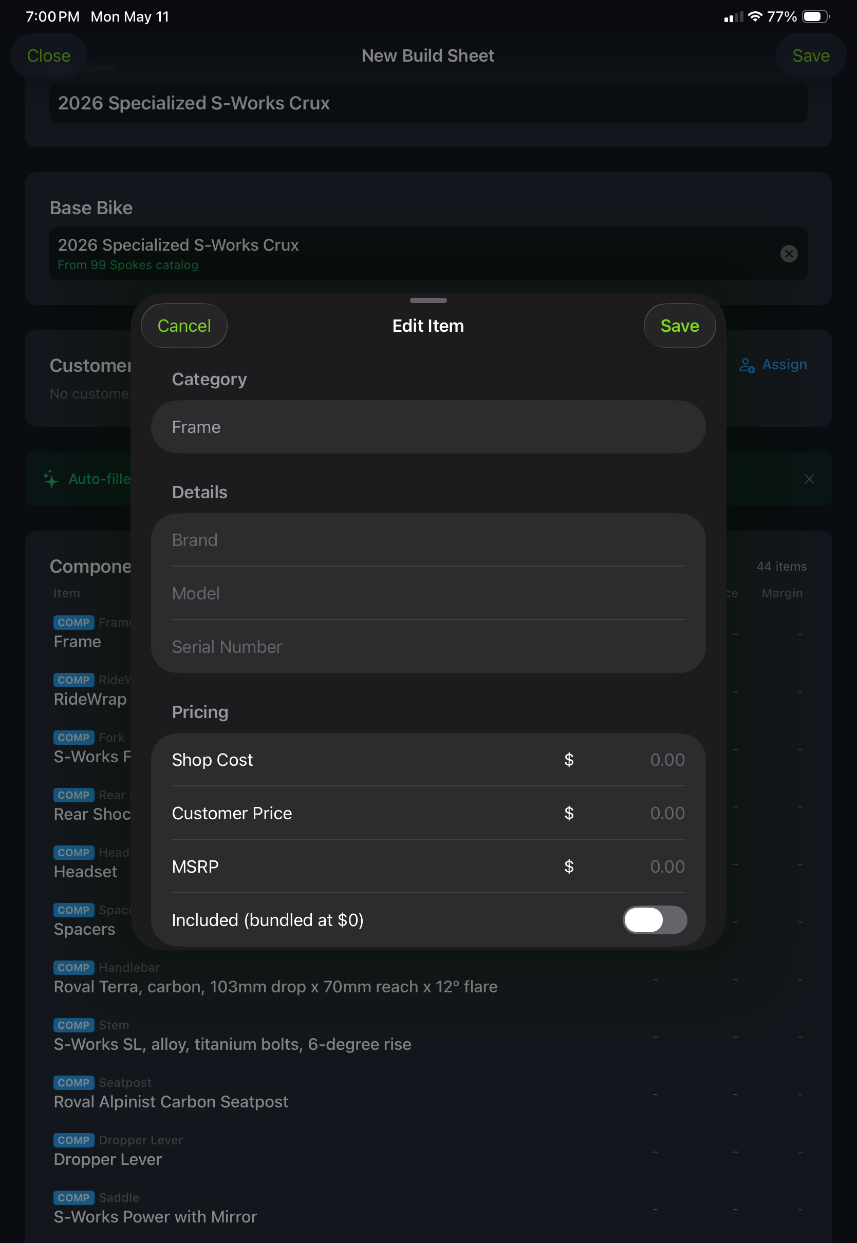 Edit build sheet line item modal with category dropdown, brand and model fields, serial number, shop cost, customer price, MSRP, and bundled pricing toggle