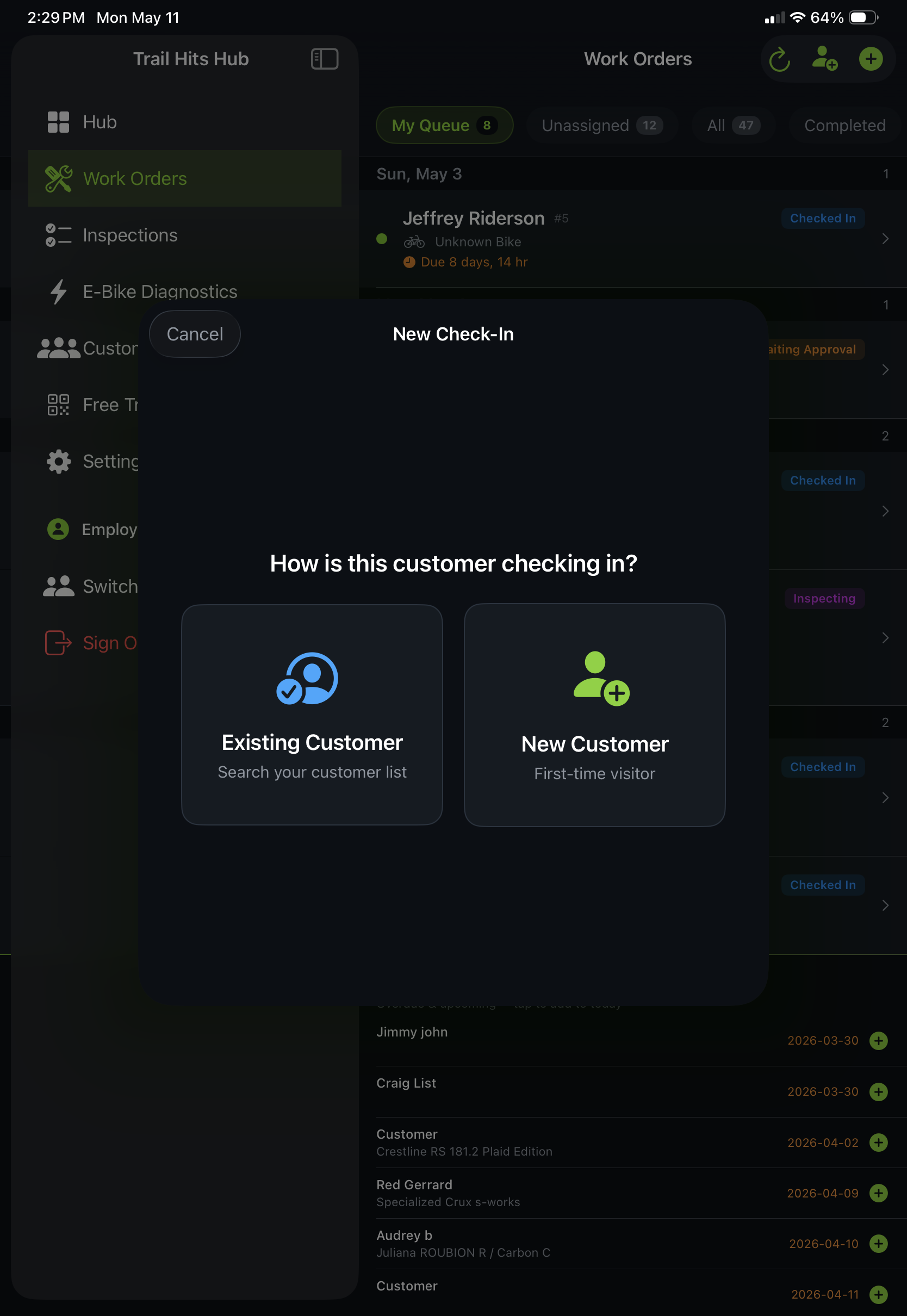 Trail Hits Hub drop-in customer check-in on iPad: existing customer or first-time visitor flow for the shop counter