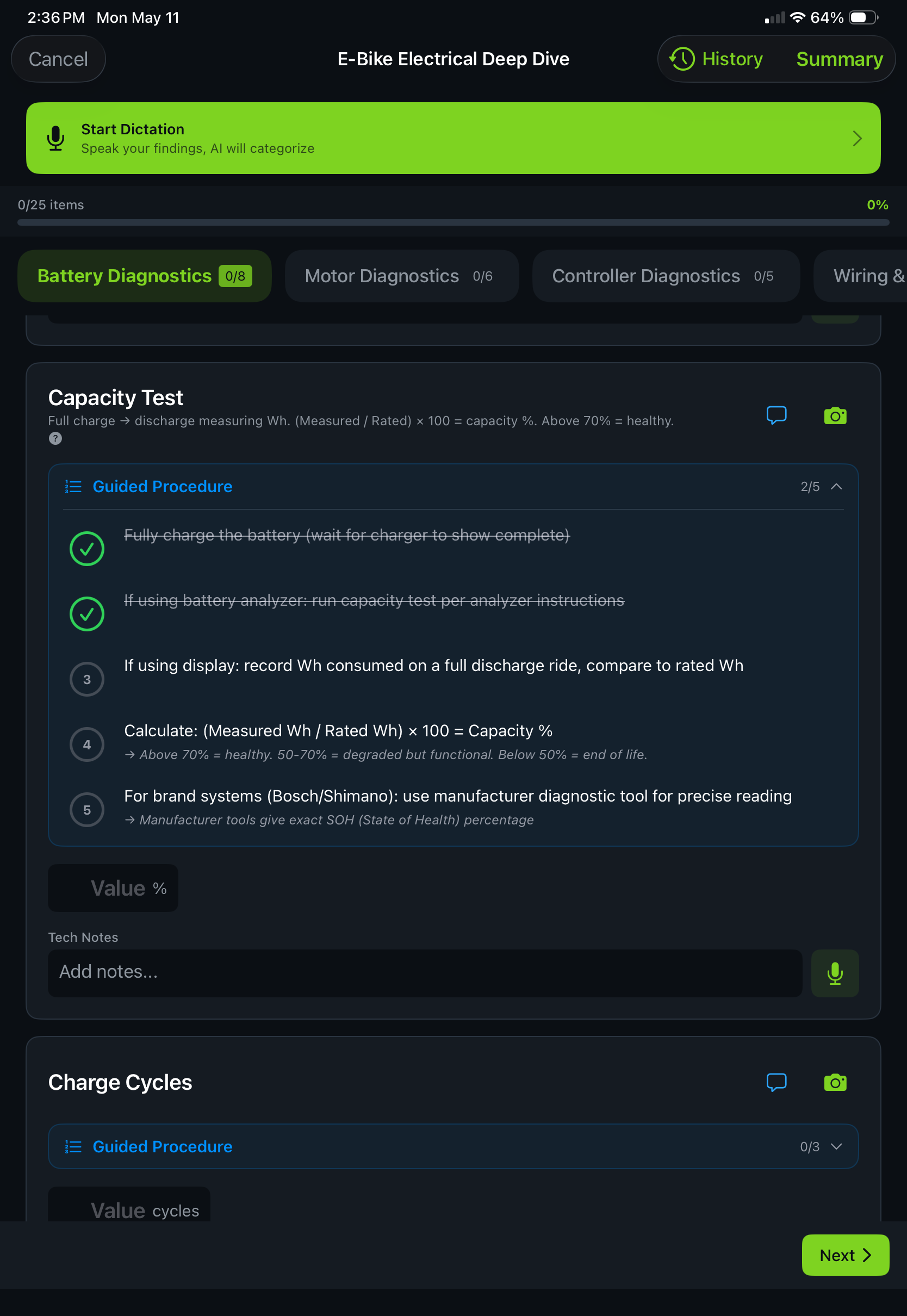 Trail Hits Hub e-bike diagnostics software on iPad: guided battery capacity test with brand-specific protocols for Bosch and Shimano systems