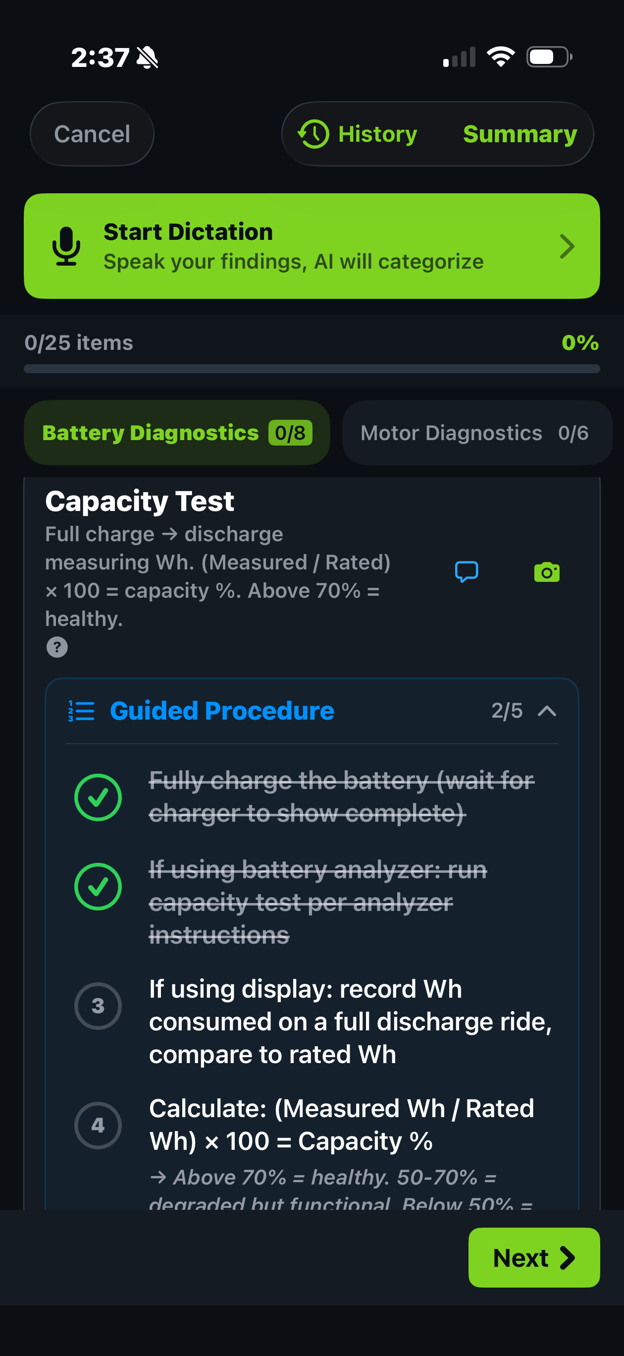 Trail Hits Hub e-bike battery capacity test on iPhone: guided procedure for measuring battery health