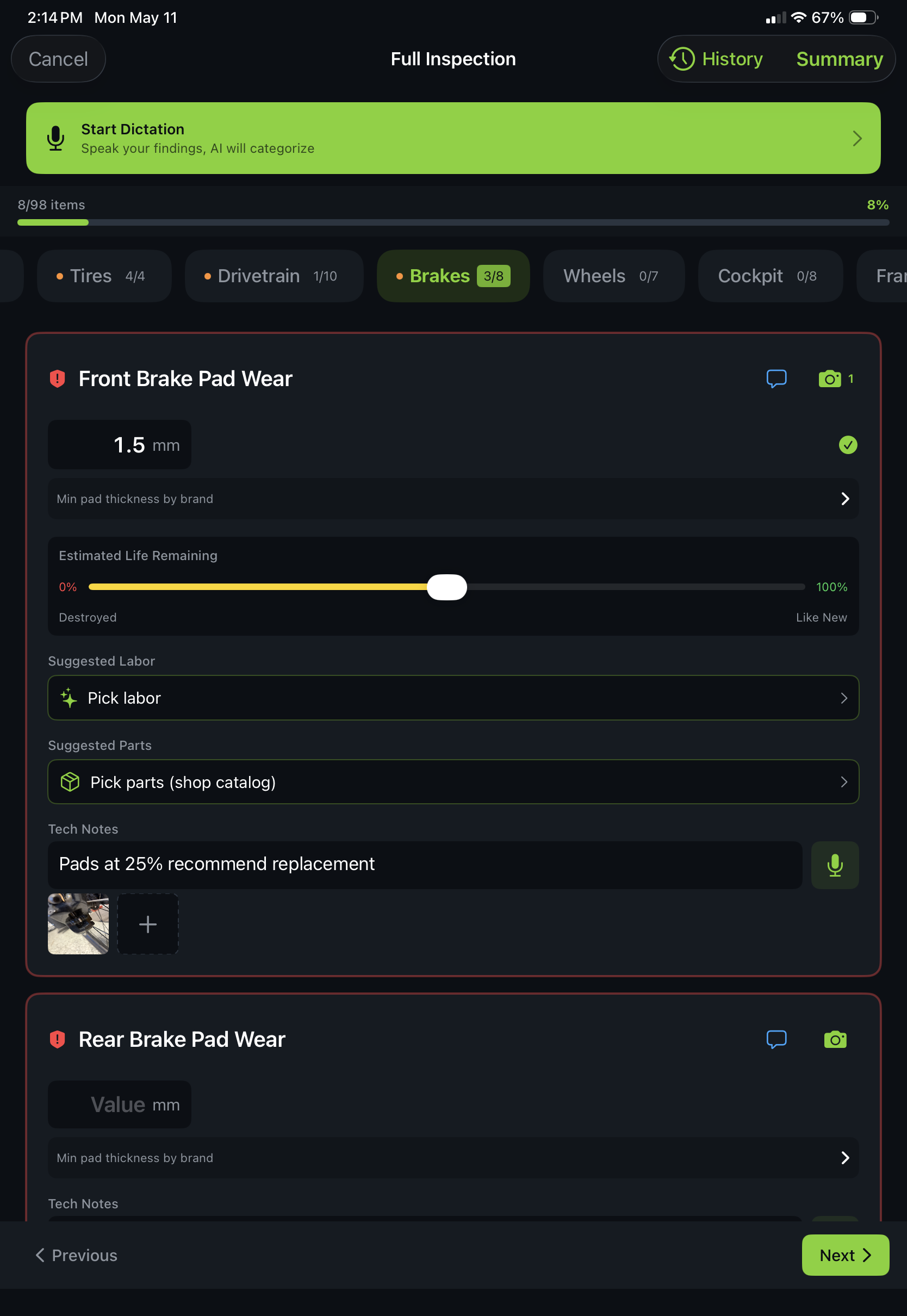 Trail Hits Hub digital bike inspection software on iPad: voice-to-text AI categorizes findings, suggests labor SKUs from Lightspeed