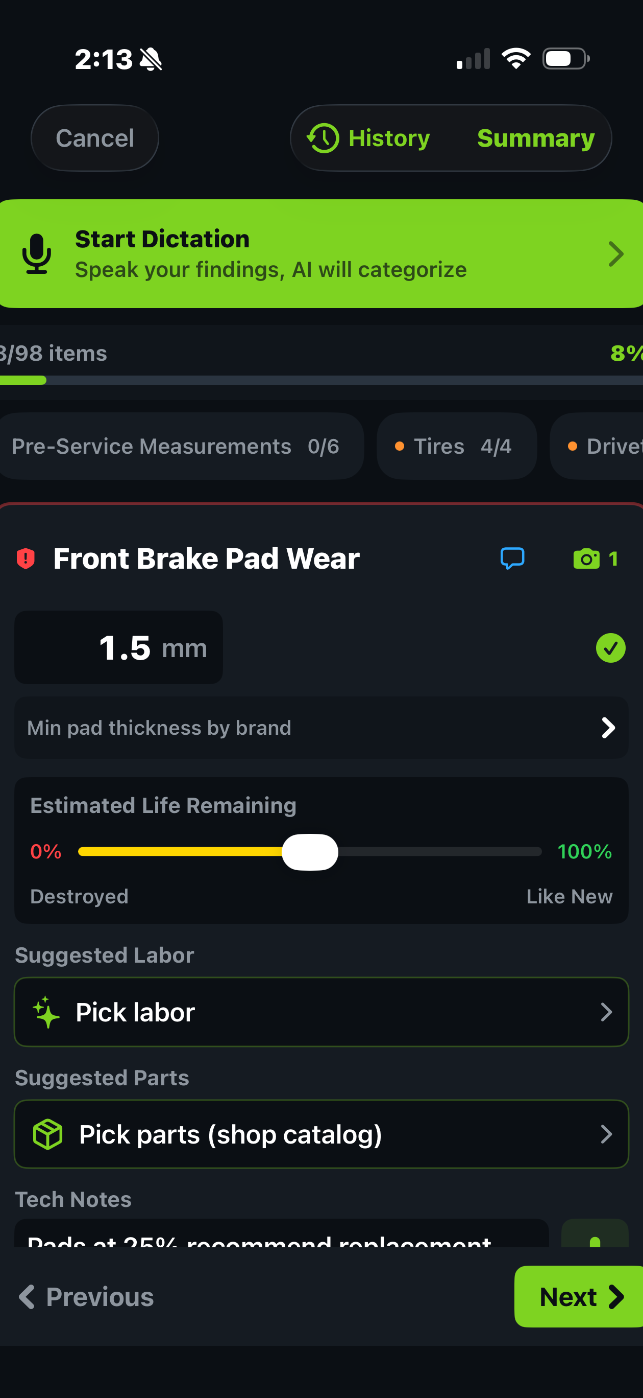 Trail Hits Hub digital inspection software on iPhone: every tech runs inspections from their own phone in the service bay