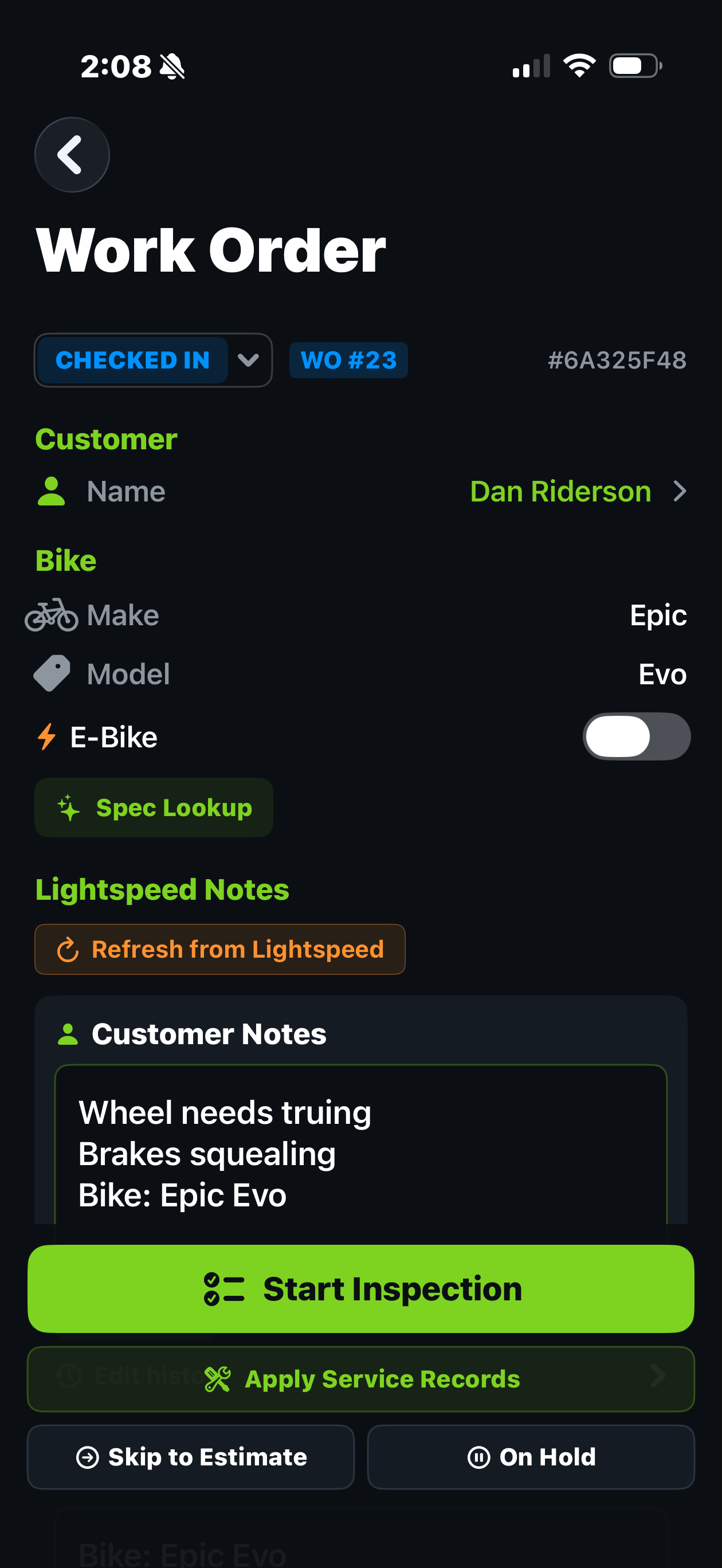 Trail Hits Hub work order on iPhone showing Lightspeed Notes section and refresh-from-Lightspeed sync button