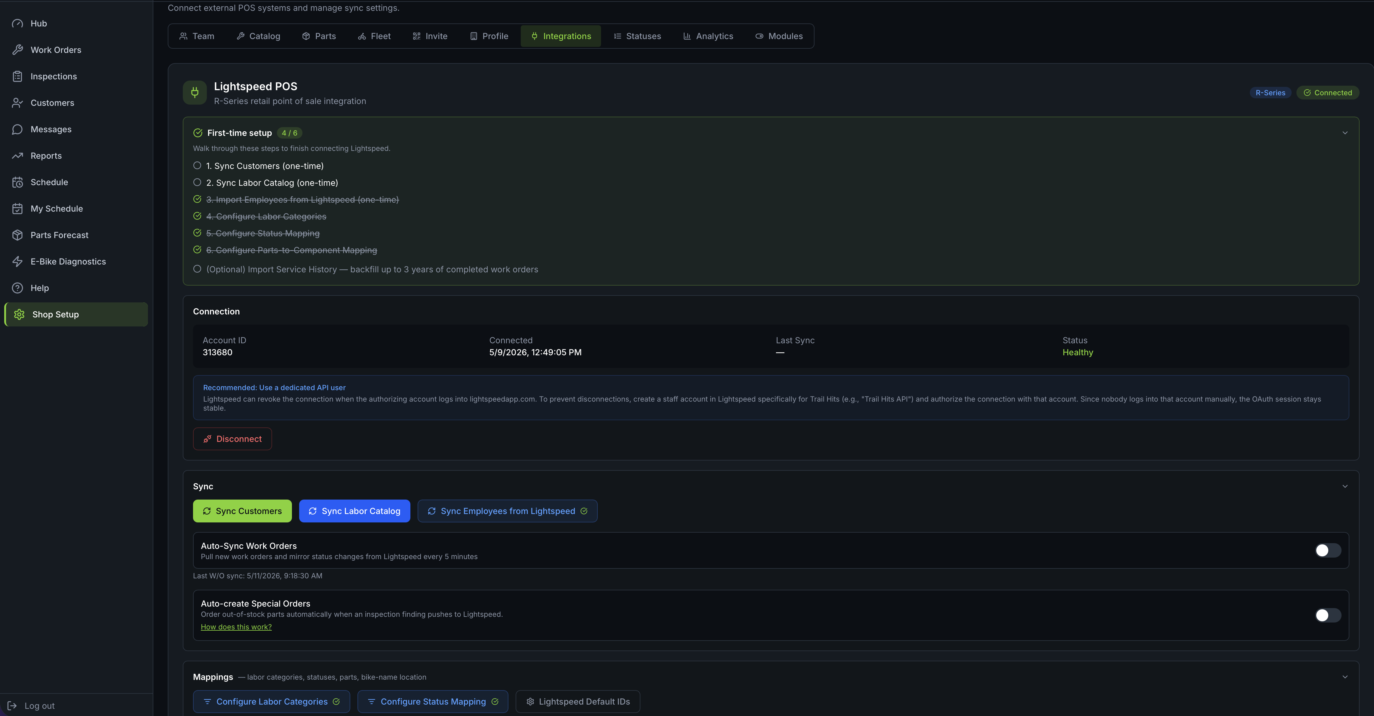 Trail Hits Hub Lightspeed Retail POS integration setup: guided 6-step sync of customers, labor catalog, employees, with healthy connection status