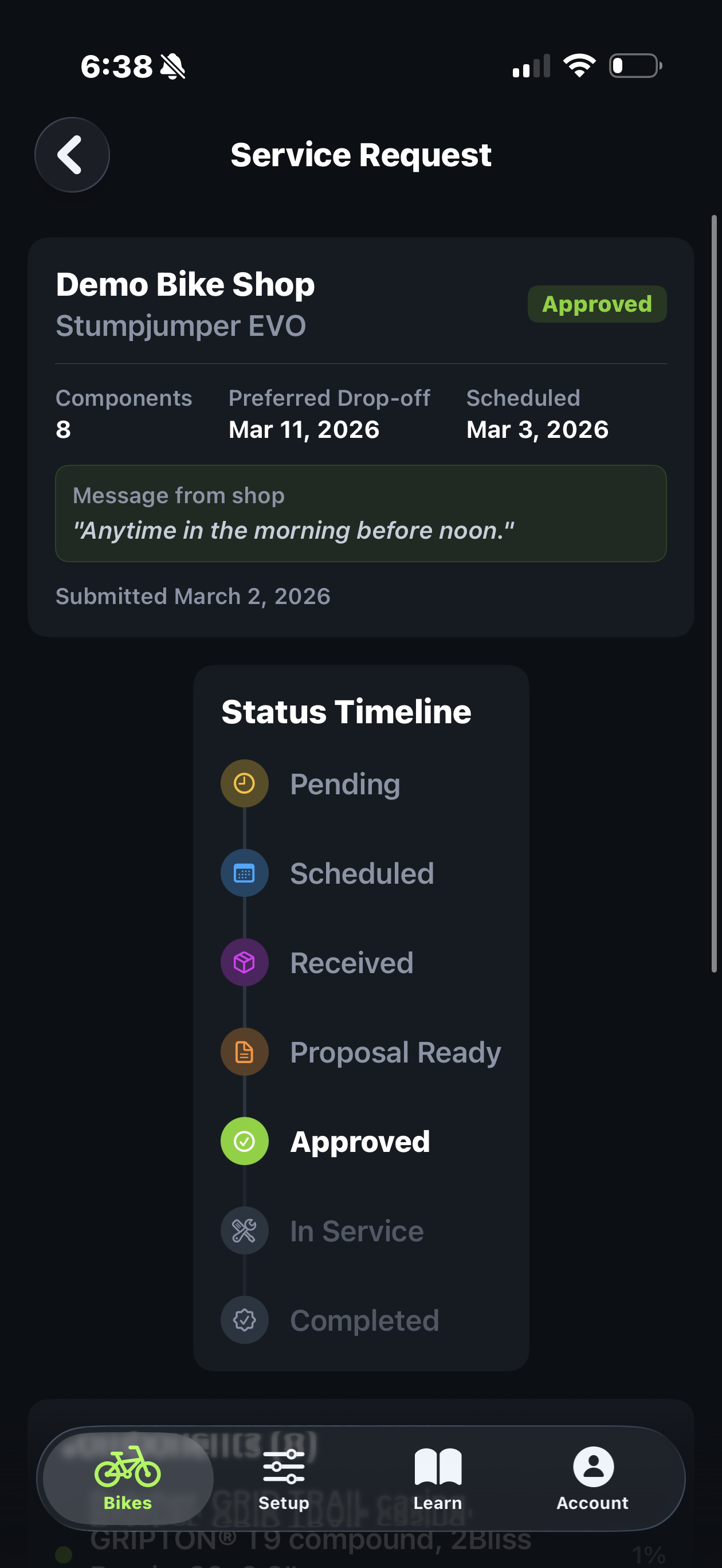 Customer's Trail Hits iPhone showing a service request with real-time status timeline — Scheduled, Received, In Service, Ready states — and the shop's scheduling message visible above the timeline