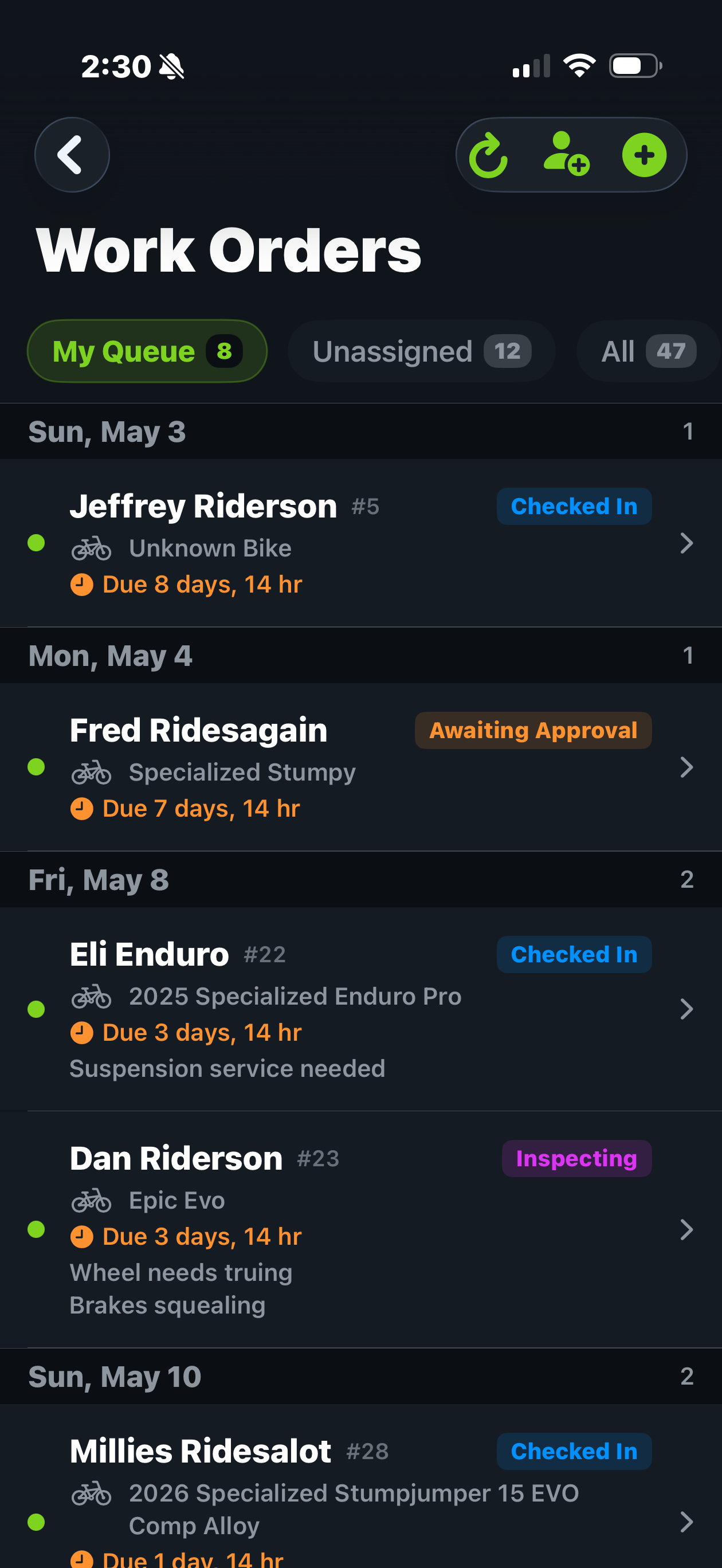 Trail Hits Hub work orders on iPhone: tech queue list with due dates and status chips
